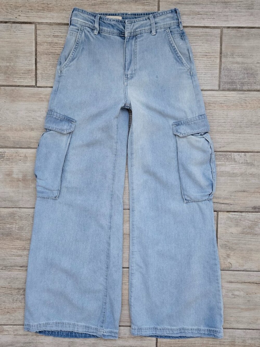 Anthropologie Pilcro Baggy Wide Leg Cargo Jeans Distress Light Wash Marine 23
